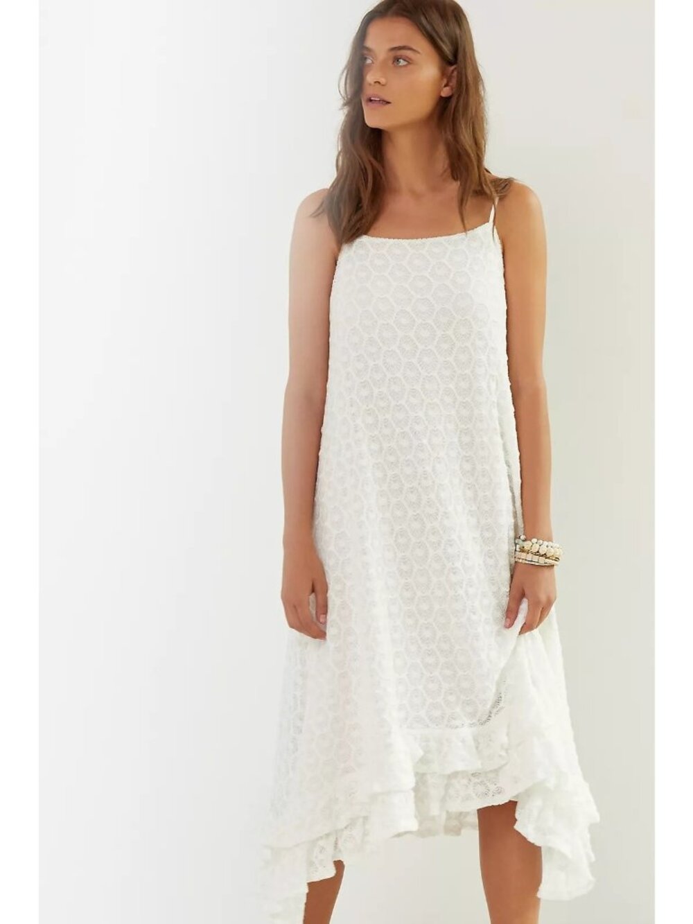 Anthropologie White Ruffled Crochet Midi Dress Size M Wedding